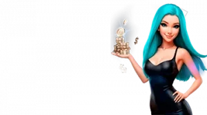 Изображение женского персонажа, держащего стопку монет, рекламирующего приветственный бонус в онлайн-казино Легзо в игривом и привлекательном стиле.